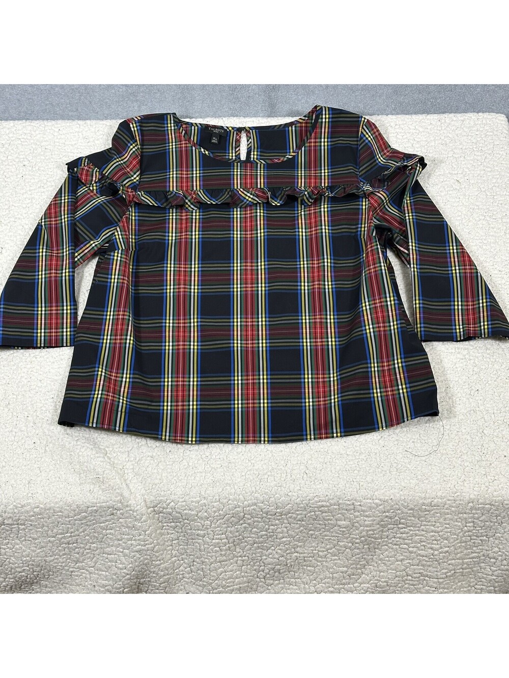 TALBOTS Women’s Size XLp Blue, Multi Stewart Plaid Poplin Ruffle Popover Top